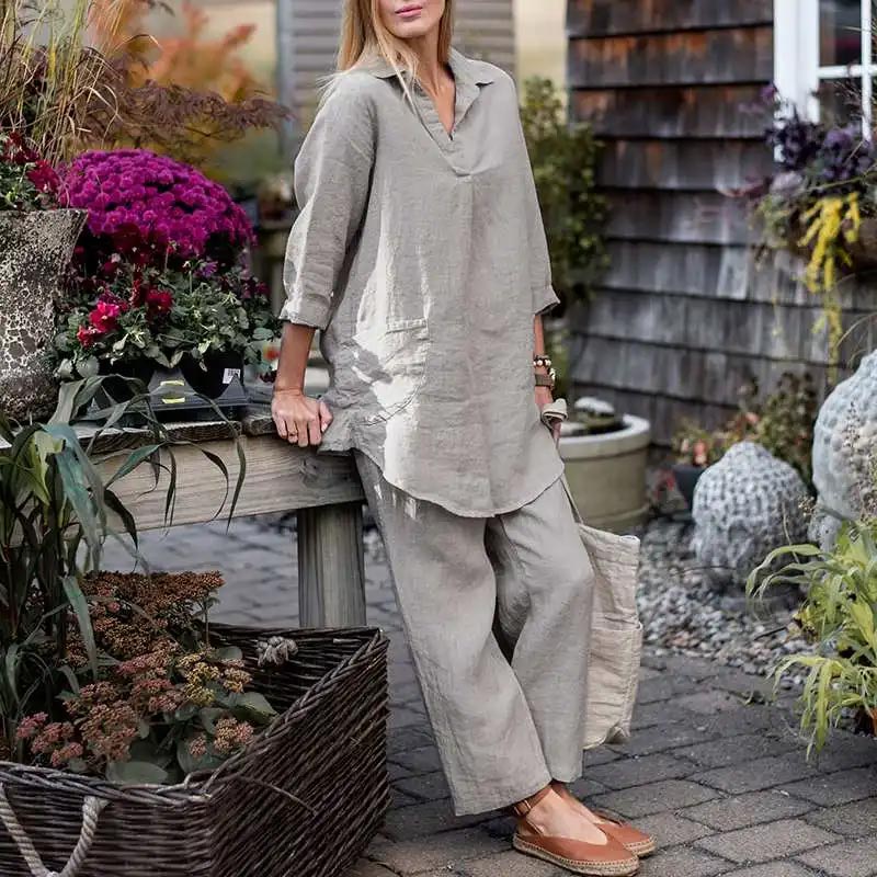 Women’s Elegant Vintage Cotton and Linen 2-piece Set with Long-sleeve Blouse and Pants