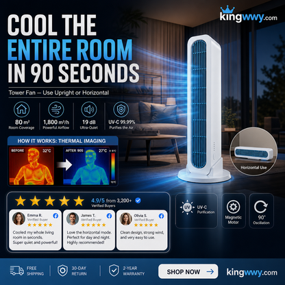 【Cool the Entire Room in 90 Seconds】Tower Fan—an air conditioner that can be used in both upright and horizontal positions