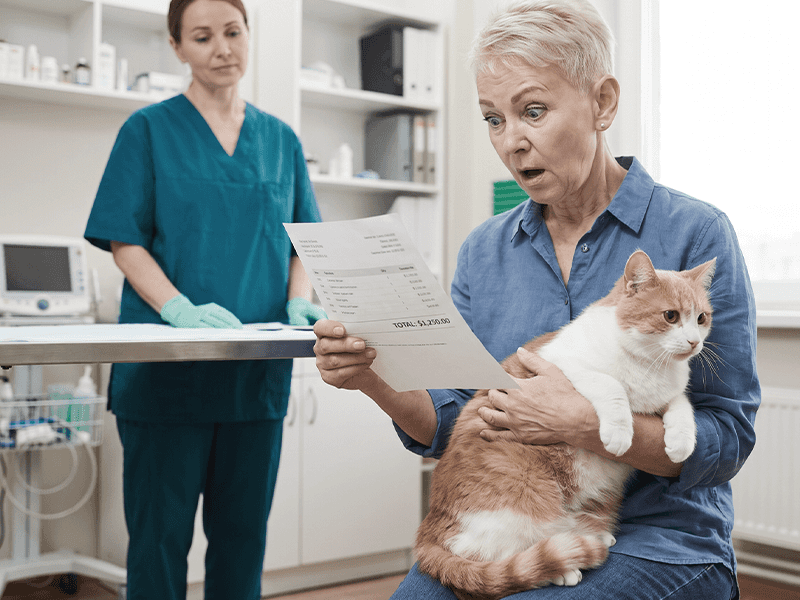 Pet owner receiving an expensive veterinary bill