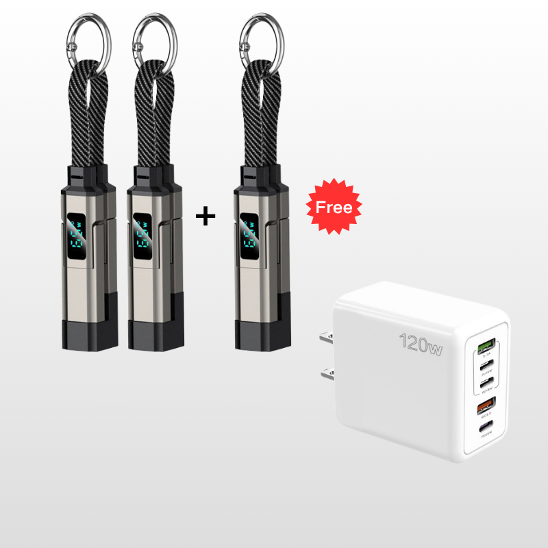 ⏳Time-Limited Special⏰4-in-1 Charging Cable with Digital Display & Keychain – Fast-Charging, Kink-Resistant & Compact