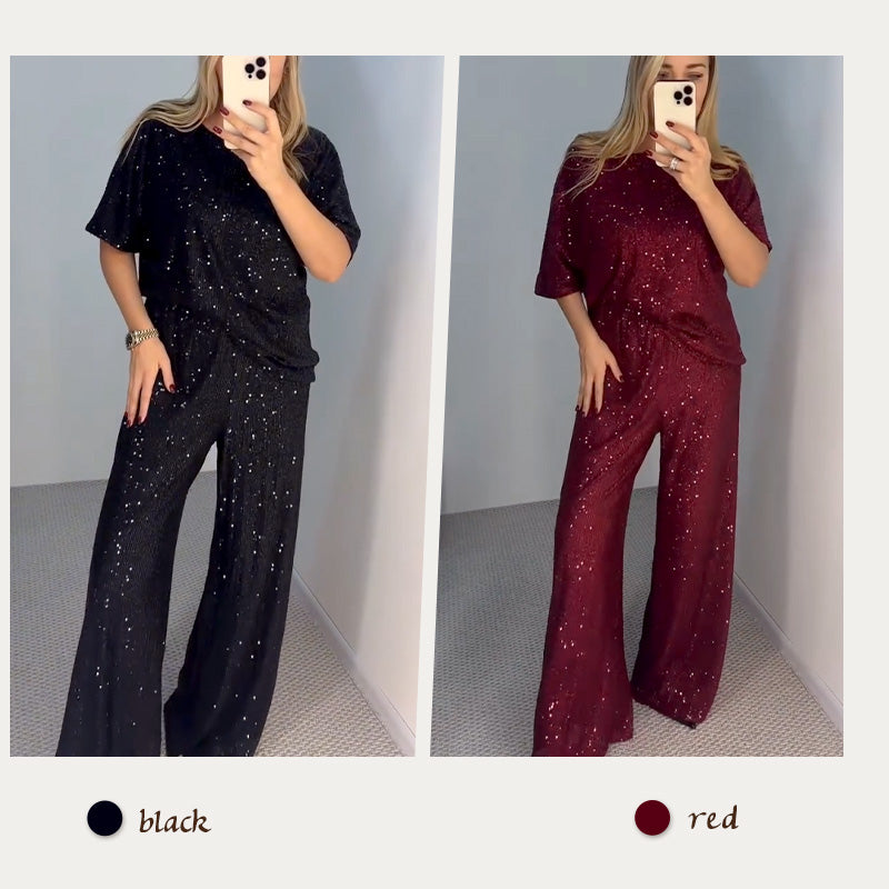 Women's Sequin Crewneck Top & Loose Trousers