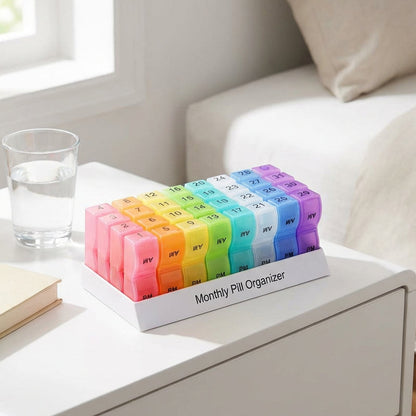 💊📅 Daily 31-Day Pill Organizer Travel Case – 🔒📦 4-Week Medication Box with Compartments & Labels, Ideal for Weekly Planning, Vacations & Seniors, Compact Storage