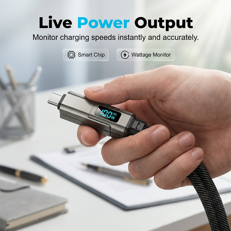 ⏳Time-Limited Special⏰4-in-1 Charging Cable with Digital Display & Keychain – Fast-Charging, Kink-Resistant & Compact