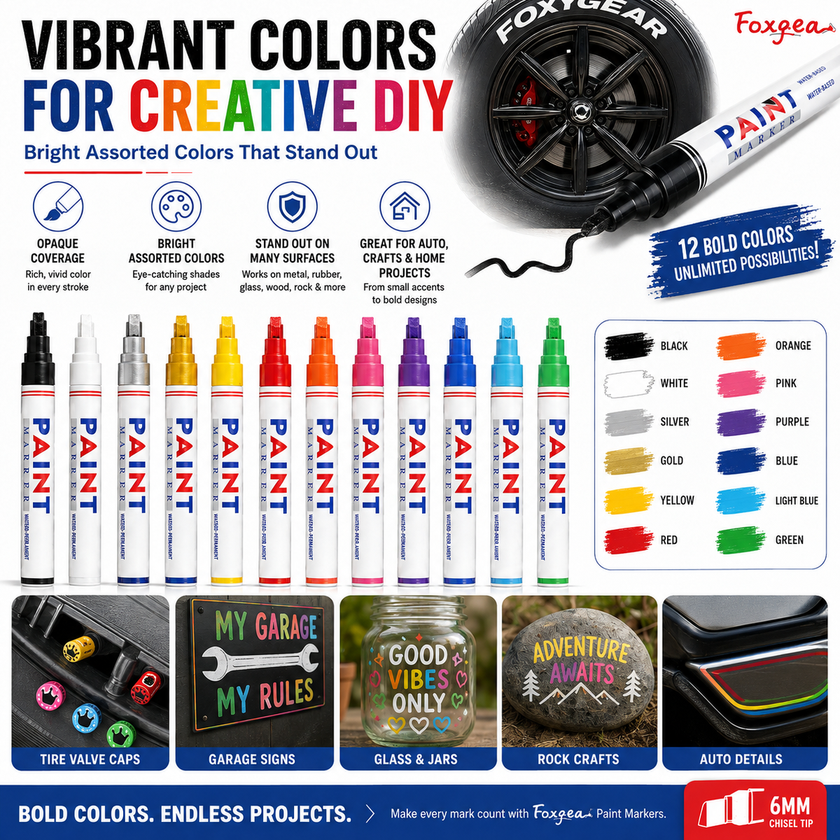 🎨12-Color Paint Marker Set – 6mm Chisel Tip for Custom Tire Lettering & DIY