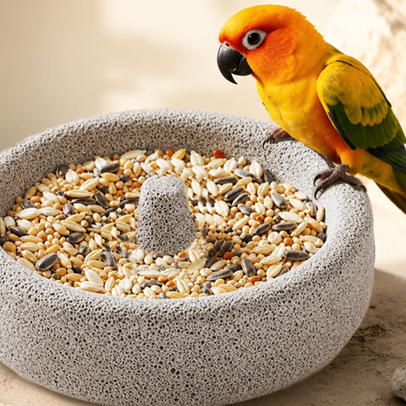 2-in-1 Volcanic Rock Bird Food Bowl & Beak Grinder