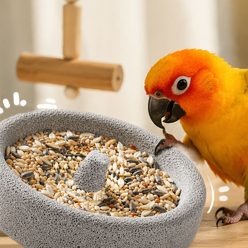 2-in-1 Volcanic Rock Bird Food Bowl & Beak Grinder
